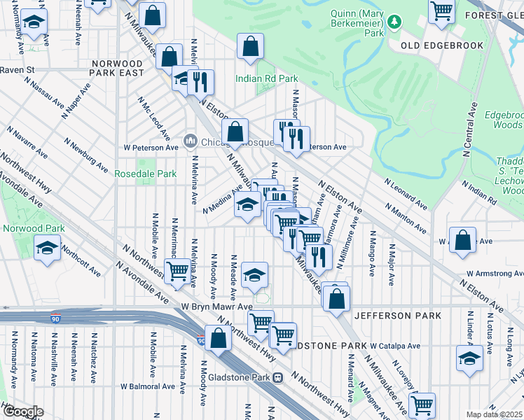 map of restaurants, bars, coffee shops, grocery stores, and more near 5813 North Milwaukee Avenue in Chicago