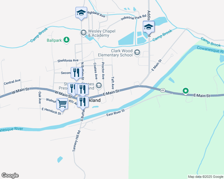 map of restaurants, bars, coffee shops, grocery stores, and more near 108 Proctor Avenue in Elkland