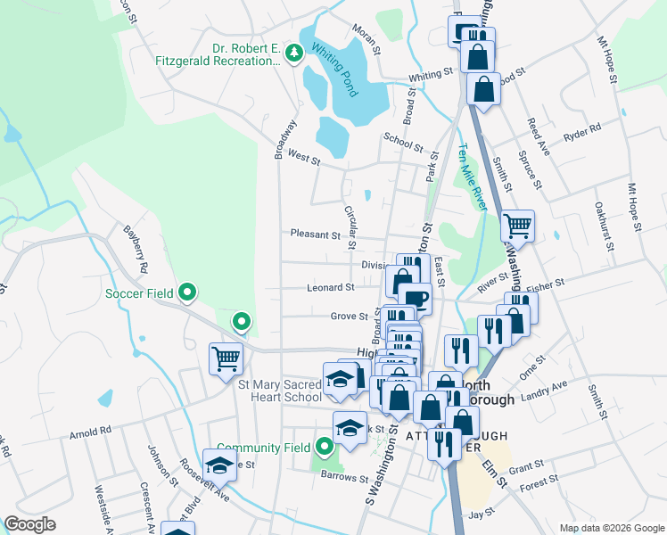 map of restaurants, bars, coffee shops, grocery stores, and more near 48 Pleasant Street in North Attleborough