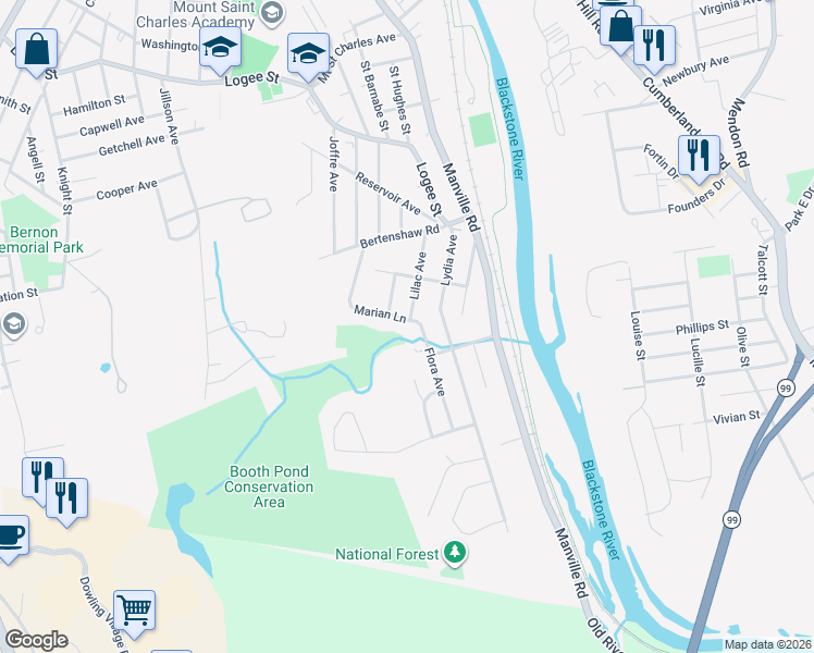 map of restaurants, bars, coffee shops, grocery stores, and more near 144 Lilac Avenue in Woonsocket
