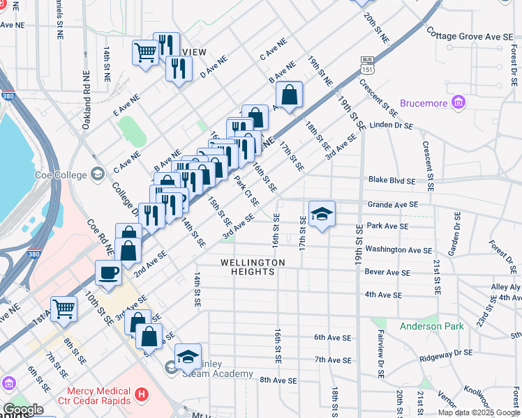 map of restaurants, bars, coffee shops, grocery stores, and more near 1553 3rd Avenue Southeast in Cedar Rapids