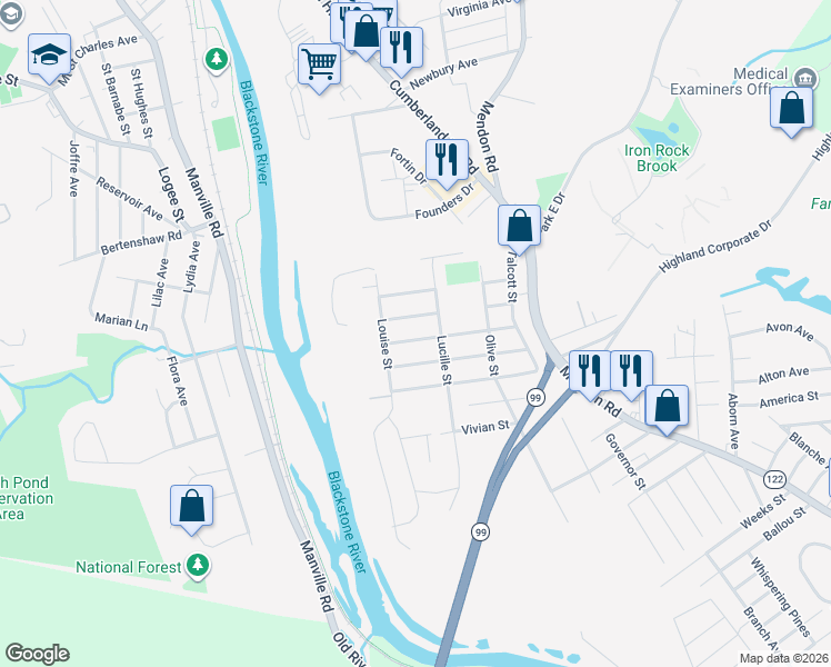 map of restaurants, bars, coffee shops, grocery stores, and more near 107 Lucille Street in Woonsocket