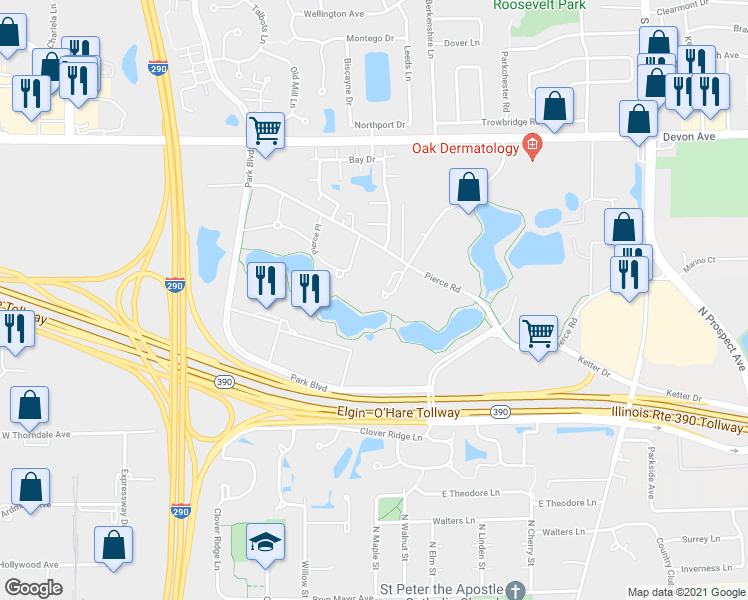 map of restaurants, bars, coffee shops, grocery stores, and more near 2 Pierce Place in Itasca