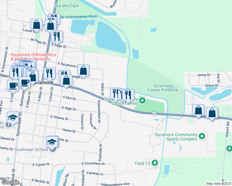 map of restaurants, bars, coffee shops, grocery stores, and more near 123 Kingsway Drive in Sycamore