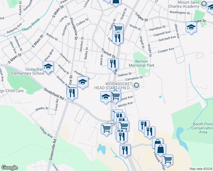 map of restaurants, bars, coffee shops, grocery stores, and more near 4 Admiral Street in Woonsocket