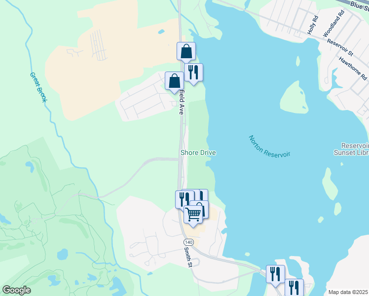 map of restaurants, bars, coffee shops, grocery stores, and more near 225 Mansfield Avenue in Norton