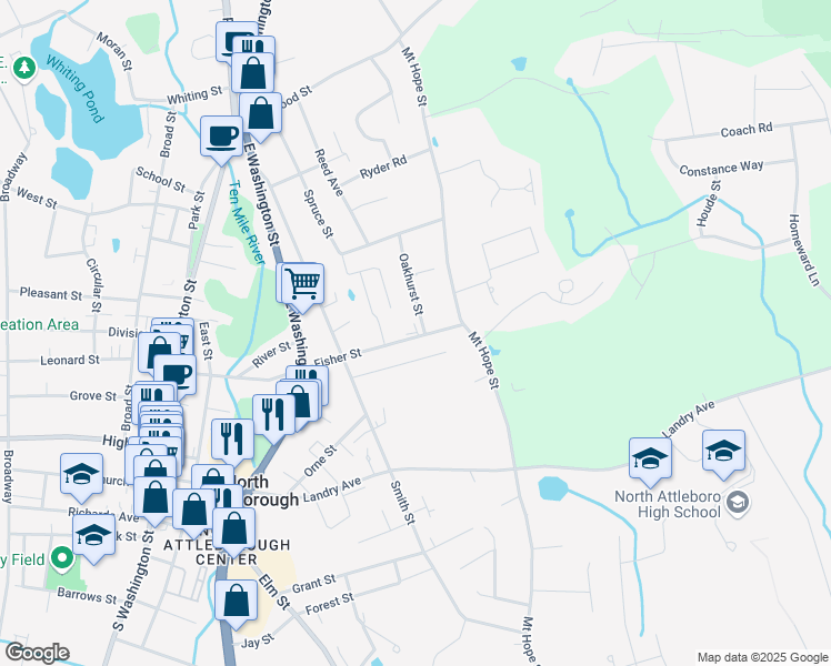 map of restaurants, bars, coffee shops, grocery stores, and more near 25 Oakhurst Street in North Attleborough