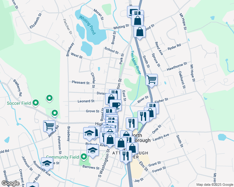 map of restaurants, bars, coffee shops, grocery stores, and more near 207 North Washington Street in North Attleborough