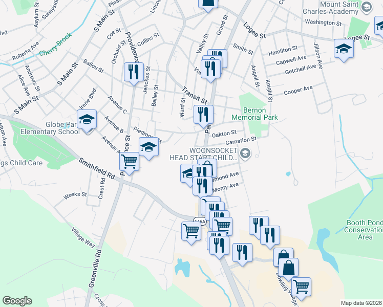 map of restaurants, bars, coffee shops, grocery stores, and more near 4 Admiral Street in Woonsocket