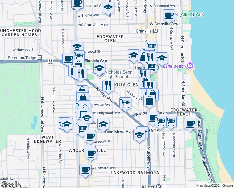map of restaurants, bars, coffee shops, grocery stores, and more near in Chicago