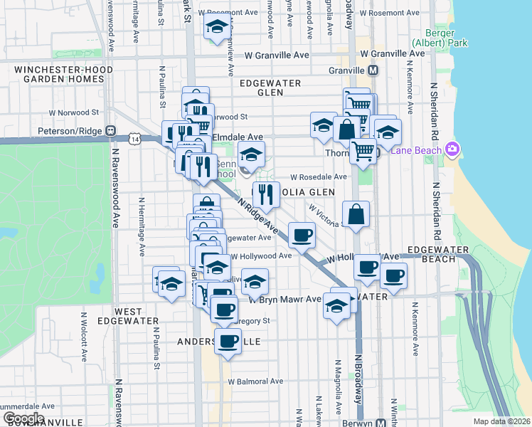 map of restaurants, bars, coffee shops, grocery stores, and more near 1421 West Ardmore Avenue in Chicago