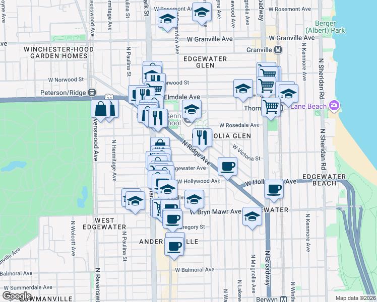 map of restaurants, bars, coffee shops, grocery stores, and more near 5840 North Ridge Avenue in Chicago