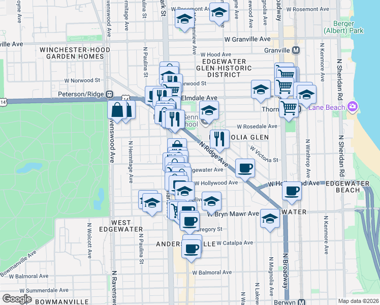 map of restaurants, bars, coffee shops, grocery stores, and more near 5840 North Ridge Avenue in Chicago