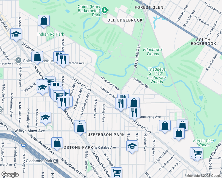 map of restaurants, bars, coffee shops, grocery stores, and more near 5806 North Leonard Avenue in Chicago