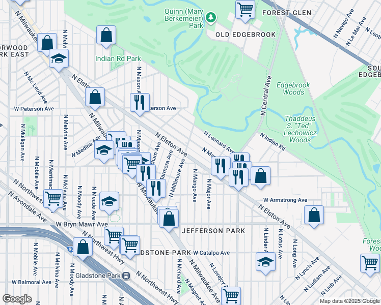 map of restaurants, bars, coffee shops, grocery stores, and more near 5868 North Manton Avenue in Chicago