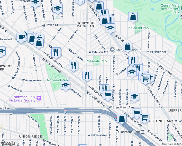 map of restaurants, bars, coffee shops, grocery stores, and more near 5867 North Nagle Avenue in Chicago
