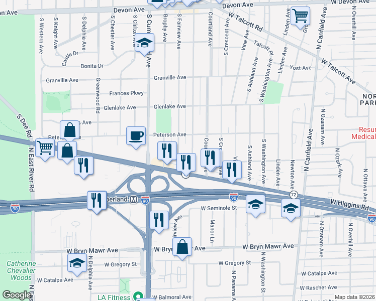 map of restaurants, bars, coffee shops, grocery stores, and more near 1811 South Prospect Avenue in Park Ridge