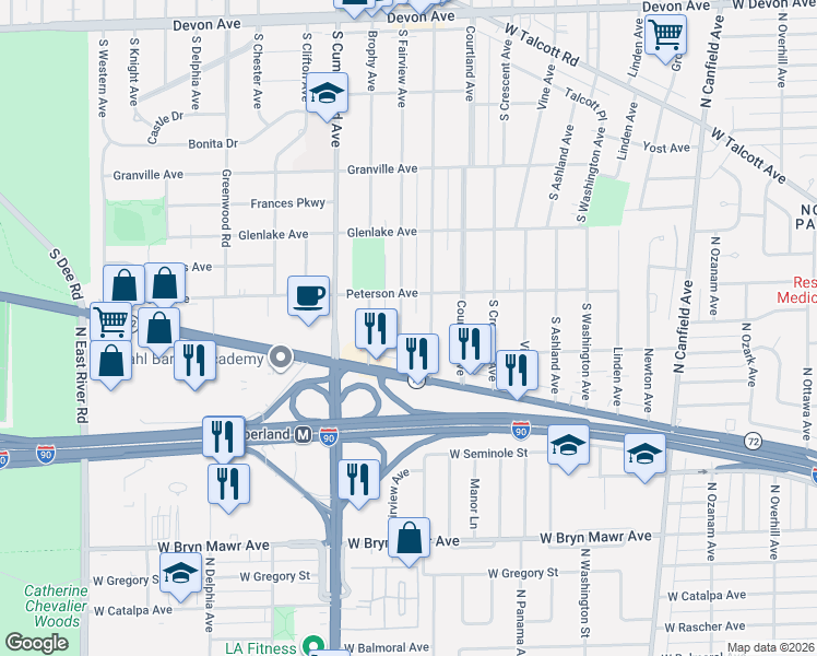 map of restaurants, bars, coffee shops, grocery stores, and more near 1809 South Fairview Avenue in Park Ridge