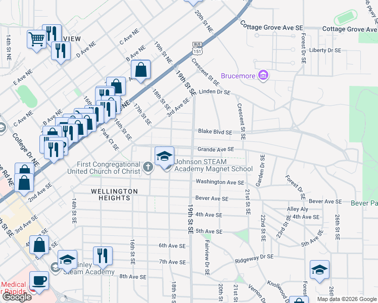 map of restaurants, bars, coffee shops, grocery stores, and more near 1900 Grande Avenue Southeast in Cedar Rapids