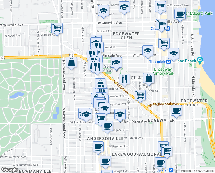 map of restaurants, bars, coffee shops, grocery stores, and more near 1514 West Victoria Street in Chicago