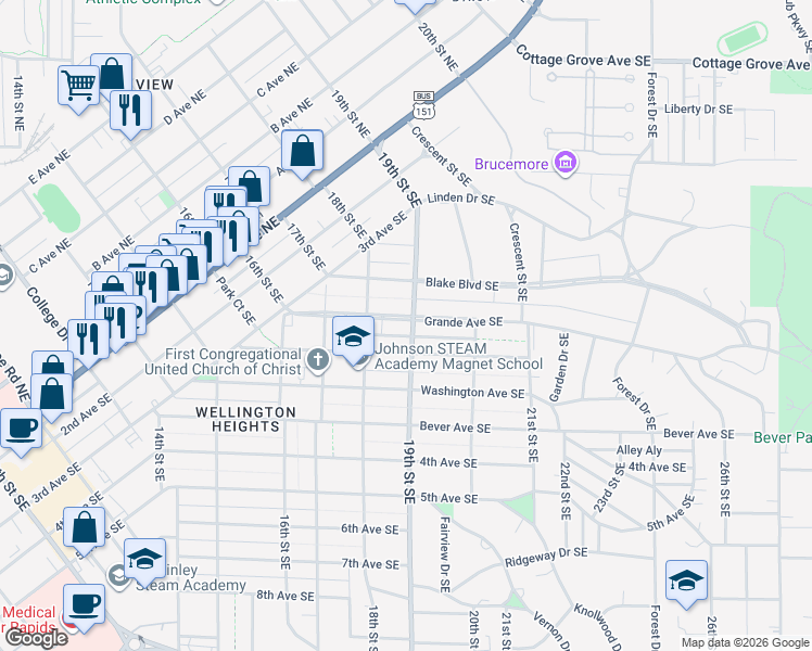 map of restaurants, bars, coffee shops, grocery stores, and more near 1900 Grande Avenue Southeast in Cedar Rapids
