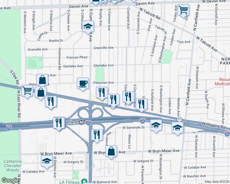 map of restaurants, bars, coffee shops, grocery stores, and more near 1811 South Prospect Avenue in Park Ridge
