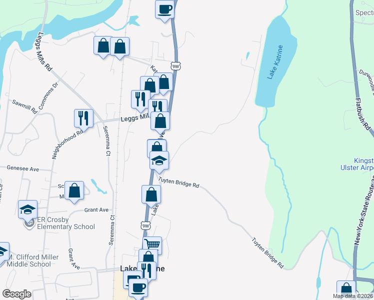 map of restaurants, bars, coffee shops, grocery stores, and more near 93 Lake Road in Lake Katrine