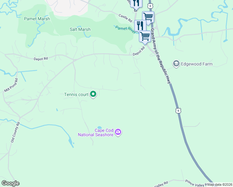 map of restaurants, bars, coffee shops, grocery stores, and more near 19 Old Bridge Road in Eastham