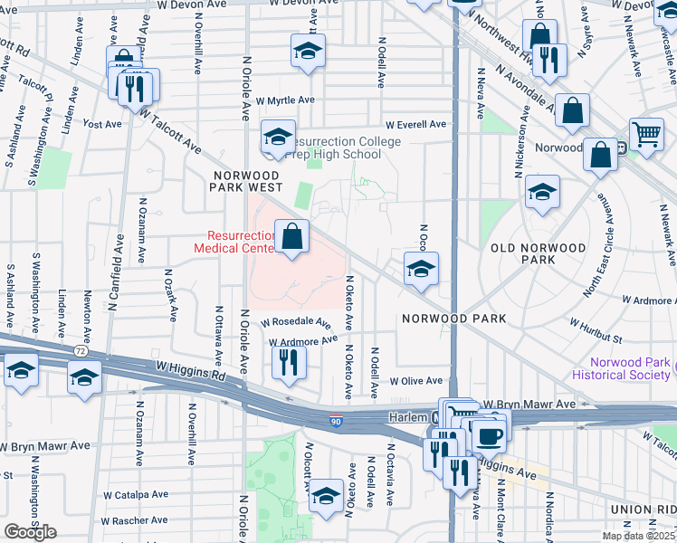 map of restaurants, bars, coffee shops, grocery stores, and more near 7435 West Talcott Avenue in Chicago