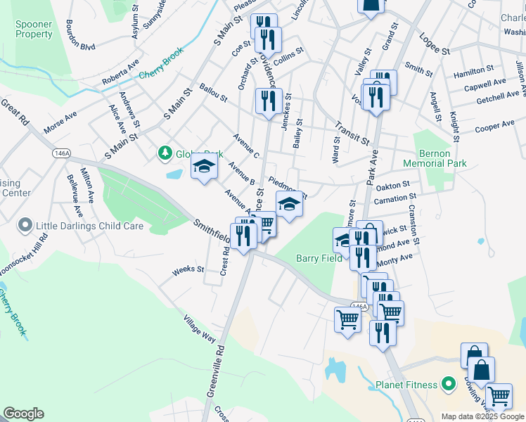 map of restaurants, bars, coffee shops, grocery stores, and more near 620 Providence Street in Woonsocket