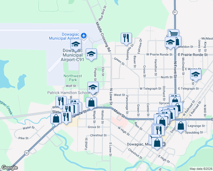 map of restaurants, bars, coffee shops, grocery stores, and more near 100 Elm Street in Dowagiac