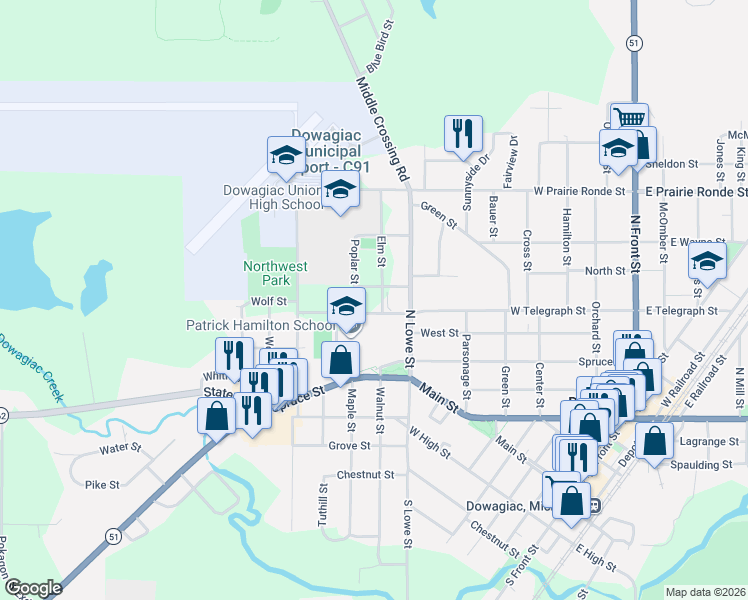 map of restaurants, bars, coffee shops, grocery stores, and more near 100 Elm Street in Dowagiac
