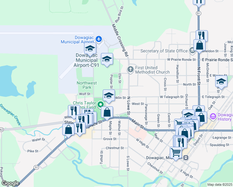 map of restaurants, bars, coffee shops, grocery stores, and more near 100 Elm Street in Dowagiac