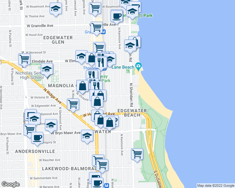 map of restaurants, bars, coffee shops, grocery stores, and more near 5822 North Kenmore Avenue in Chicago