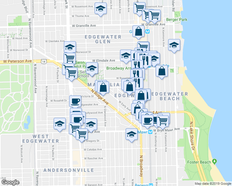 map of restaurants, bars, coffee shops, grocery stores, and more near in Chicago