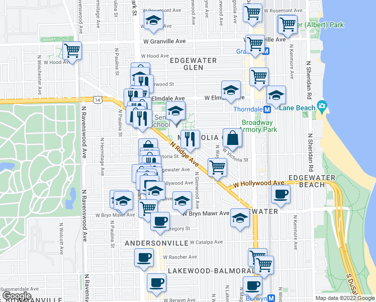 map of restaurants, bars, coffee shops, grocery stores, and more near 1421 West Ardmore Avenue in Chicago