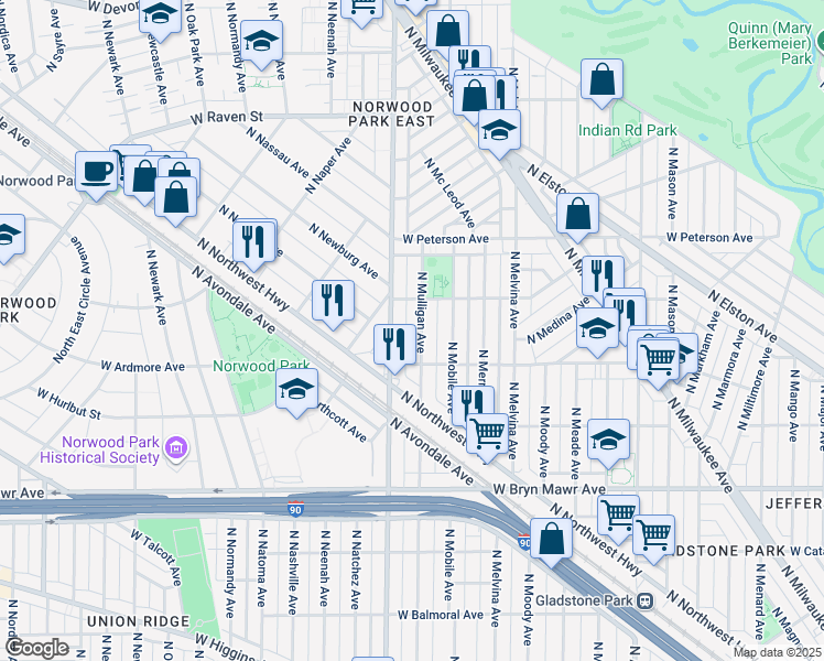 map of restaurants, bars, coffee shops, grocery stores, and more near 5867 North Nagle Avenue in Chicago