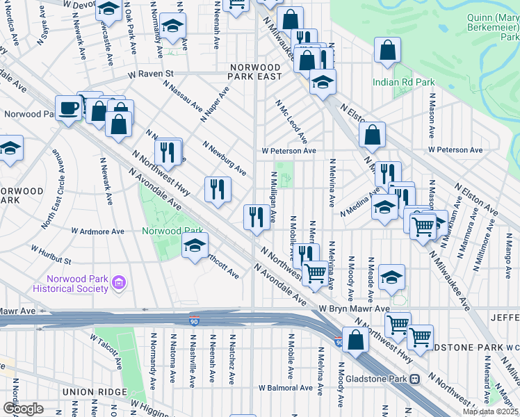 map of restaurants, bars, coffee shops, grocery stores, and more near 5867 North Nagle Avenue in Chicago