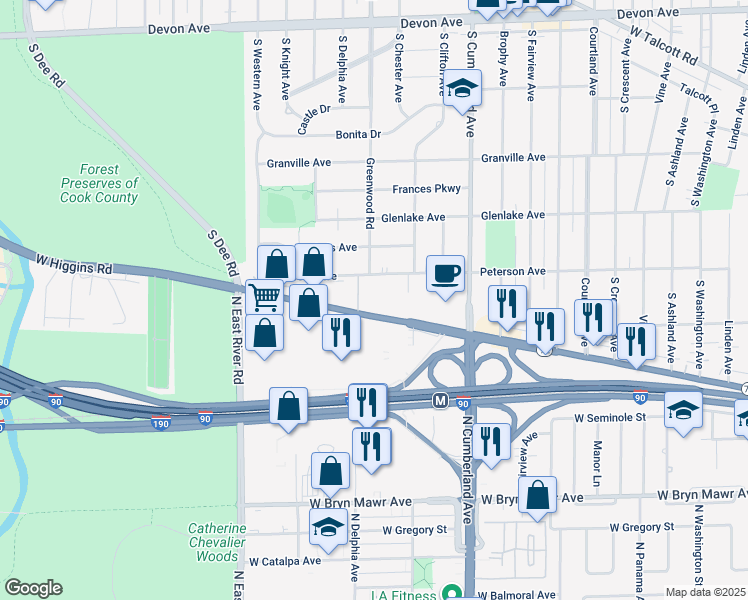 map of restaurants, bars, coffee shops, grocery stores, and more near 1033 Peterson Avenue in Park Ridge