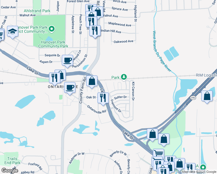 map of restaurants, bars, coffee shops, grocery stores, and more near 6382 Nugget Circle in Hanover Park