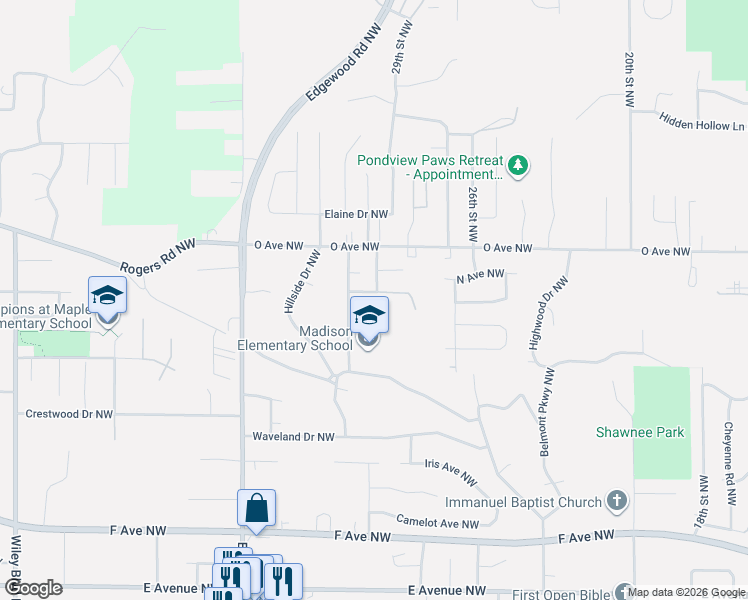map of restaurants, bars, coffee shops, grocery stores, and more near 2824 Schultz Drive Northwest in Cedar Rapids