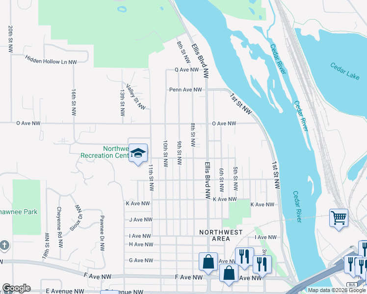 map of restaurants, bars, coffee shops, grocery stores, and more near 1501 9th Street Northwest in Cedar Rapids