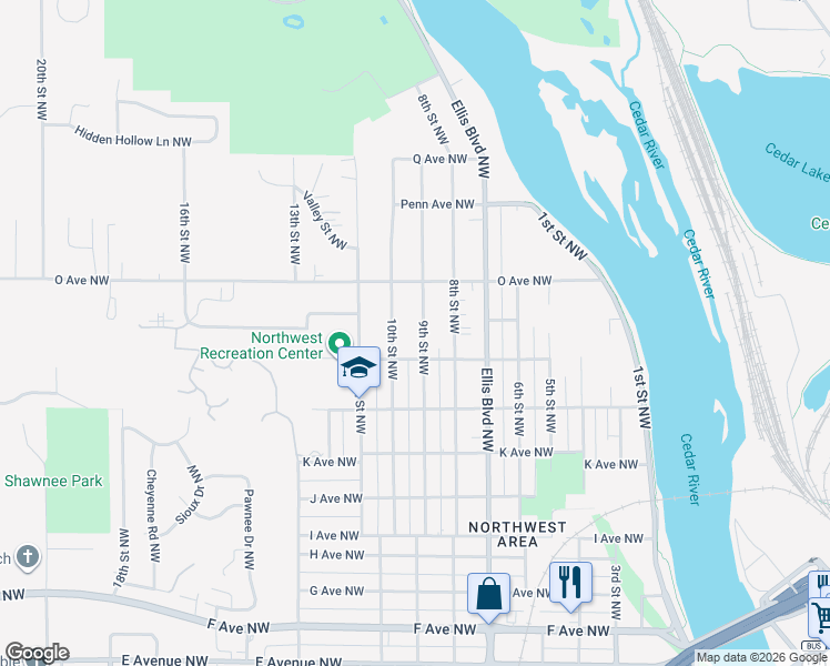 map of restaurants, bars, coffee shops, grocery stores, and more near 1501 9th Street Northwest in Cedar Rapids