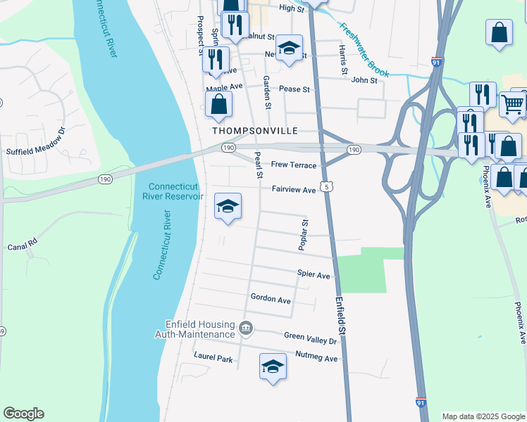 map of restaurants, bars, coffee shops, grocery stores, and more near 243C Pearl Street in Enfield
