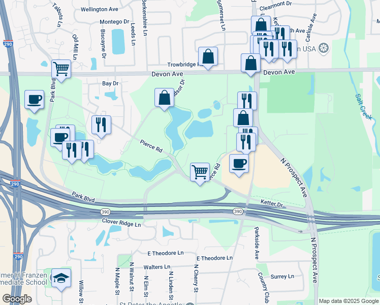 map of restaurants, bars, coffee shops, grocery stores, and more near 275 Pierce Road in Itasca