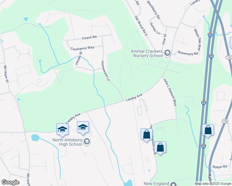 map of restaurants, bars, coffee shops, grocery stores, and more near 22 Homeward Lane in North Attleborough