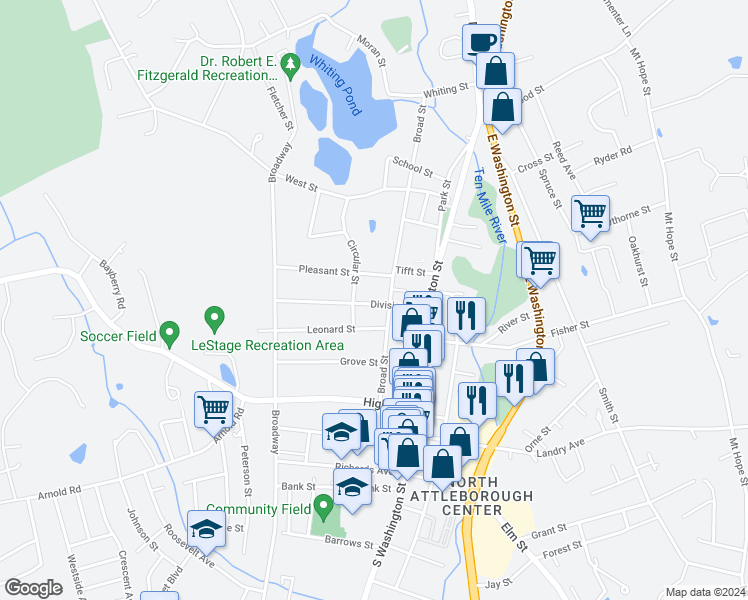 map of restaurants, bars, coffee shops, grocery stores, and more near 45 Division Street in North Attleborough