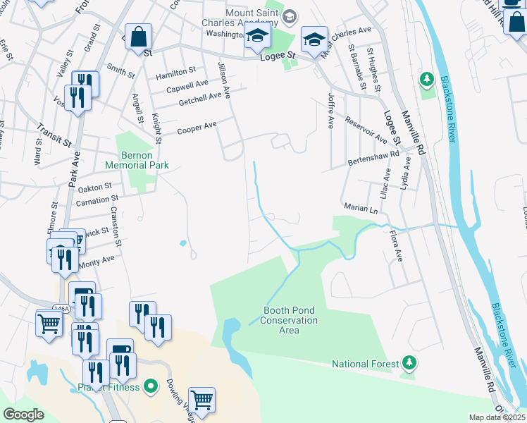 map of restaurants, bars, coffee shops, grocery stores, and more near 58 Roy Ave in Woonsocket