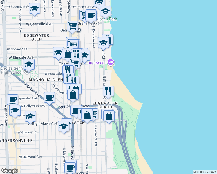 map of restaurants, bars, coffee shops, grocery stores, and more near 5818 North Sheridan Road in Chicago