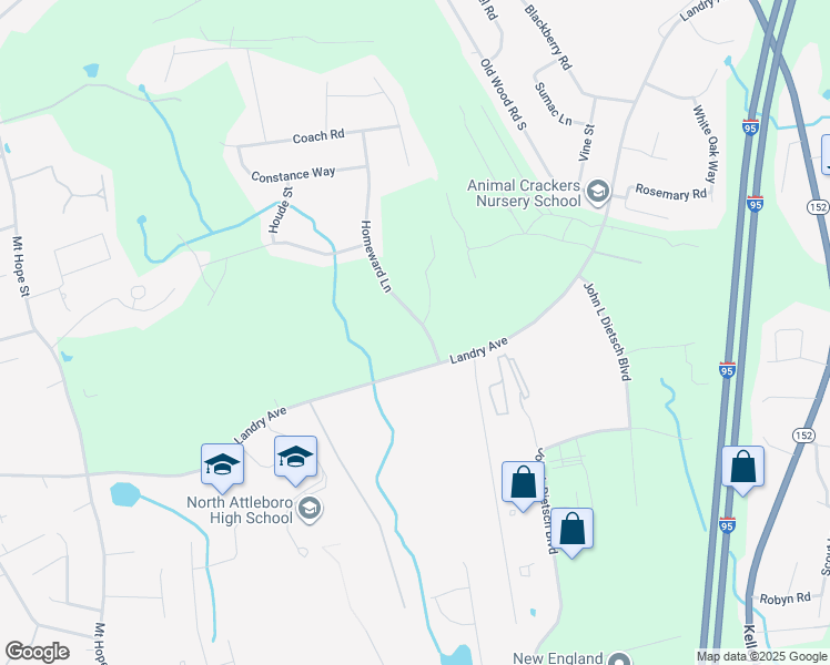 map of restaurants, bars, coffee shops, grocery stores, and more near 22 Homeward Lane in North Attleborough